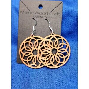 1 Pair Round Shaped Laser Cut Wooden Dangle Earrings Boho Style.